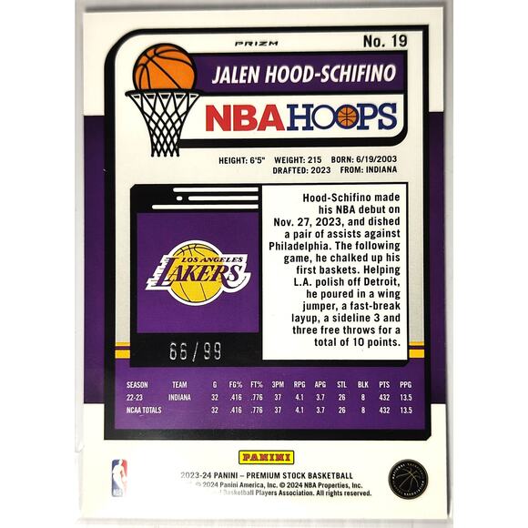 2023-24 NBA Hoops Premium Stock JALEN HOOD-SCHIFINO Blue Disco Parallel 66/99 - Picture 2 of 3